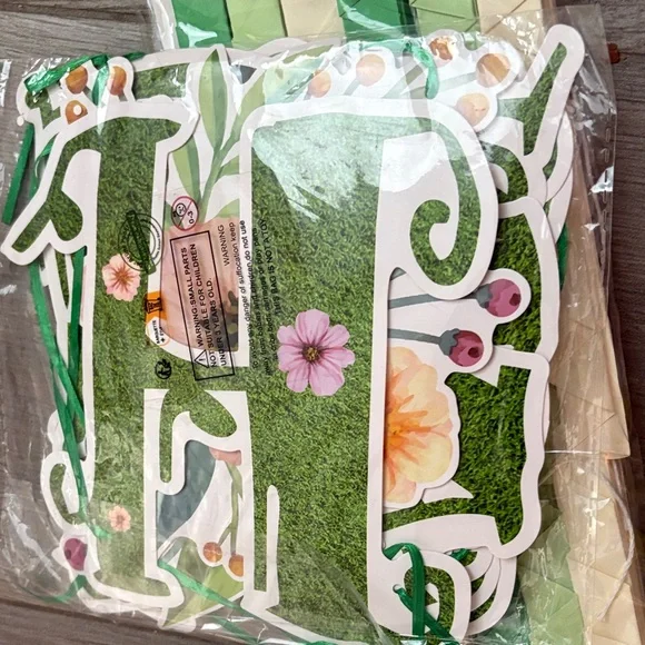 Happy Birthday Floral Green and White Banner and paper fans! - Picture 6 of 6